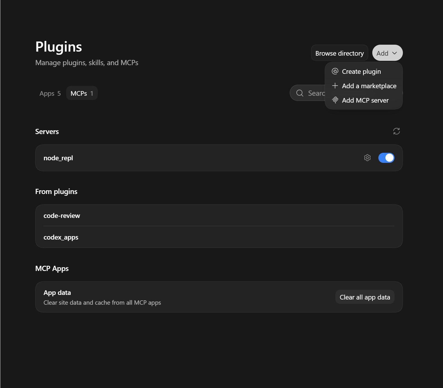 ChatGPT Settings, Plugins, MCPs: the Add menu open with Create plugin, Add a marketplace and Add MCP server