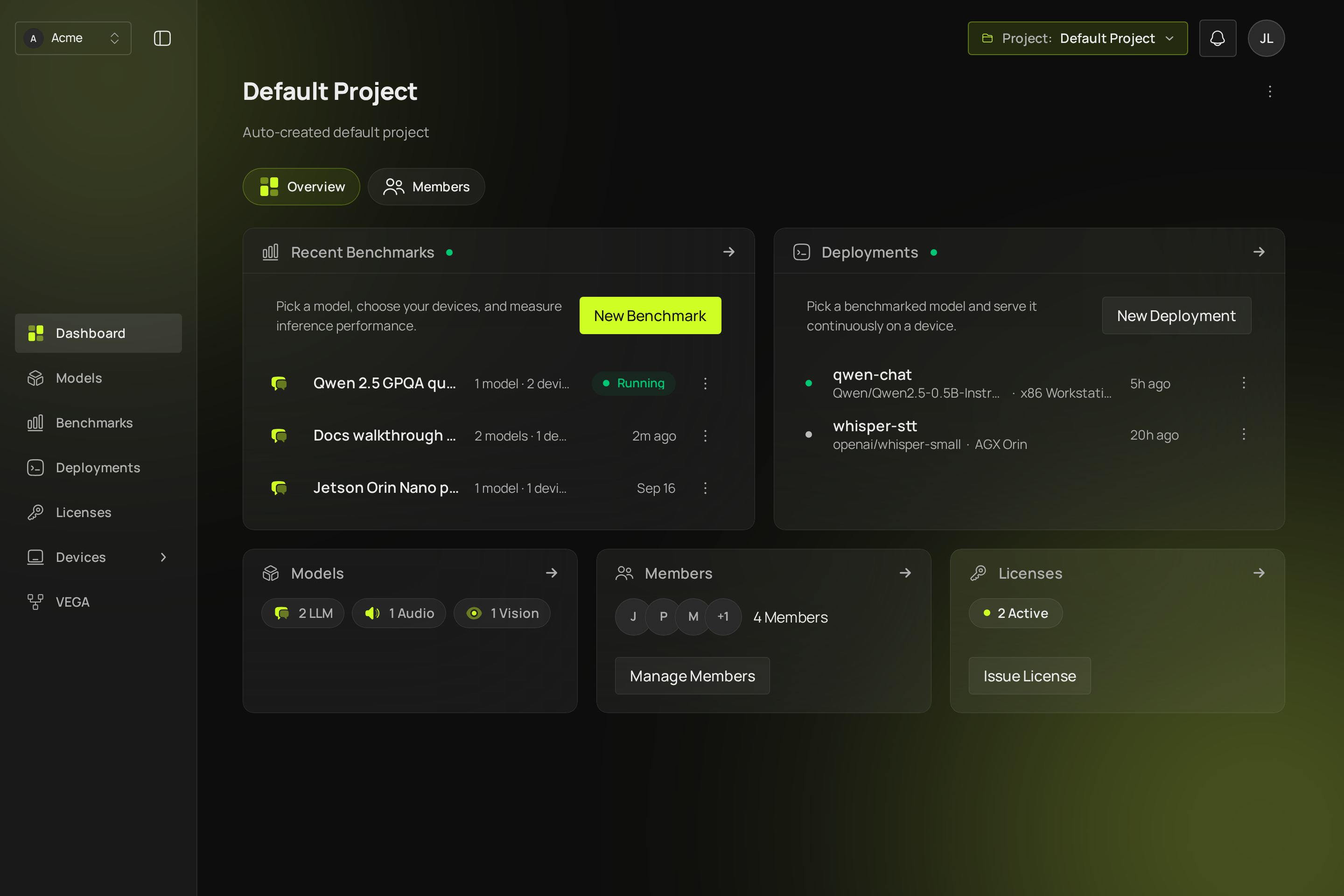 The signed-in platform: the organization switcher top left, the project switcher top right, and the navigation down the left side