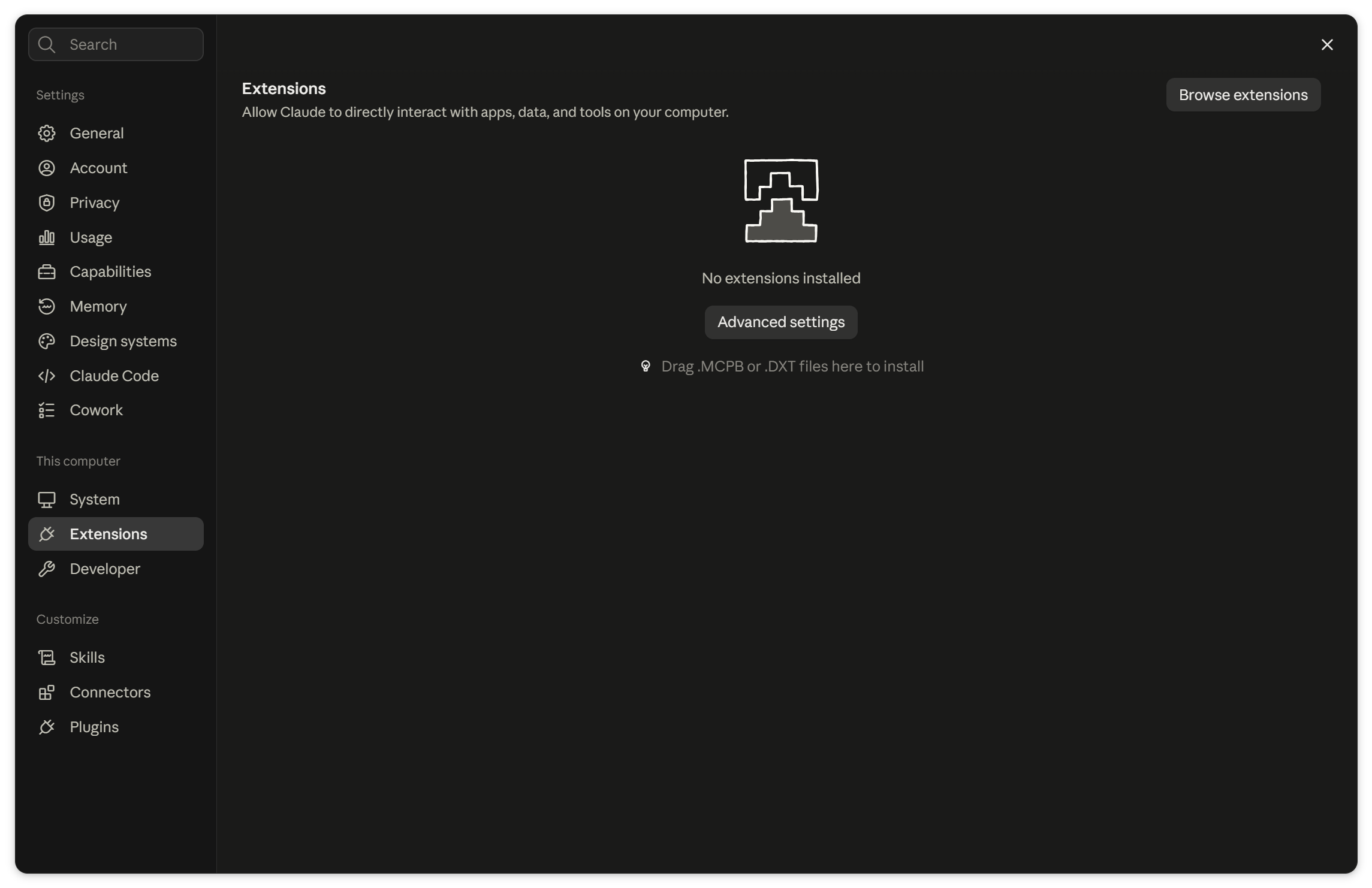 Claude Desktop Settings, Extensions, with no extensions installed: the Advanced settings button and the line Drag .MCPB or .DXT files here to install