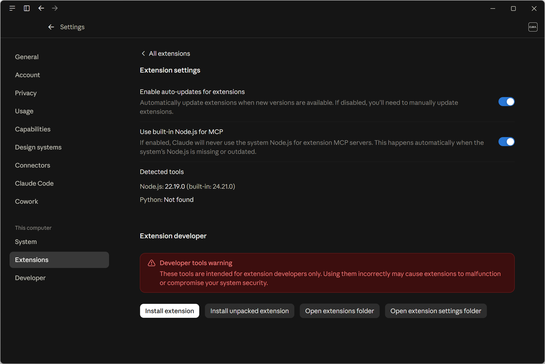 Claude Desktop Extensions, Advanced settings: the Extension developer section with the Install extension button
