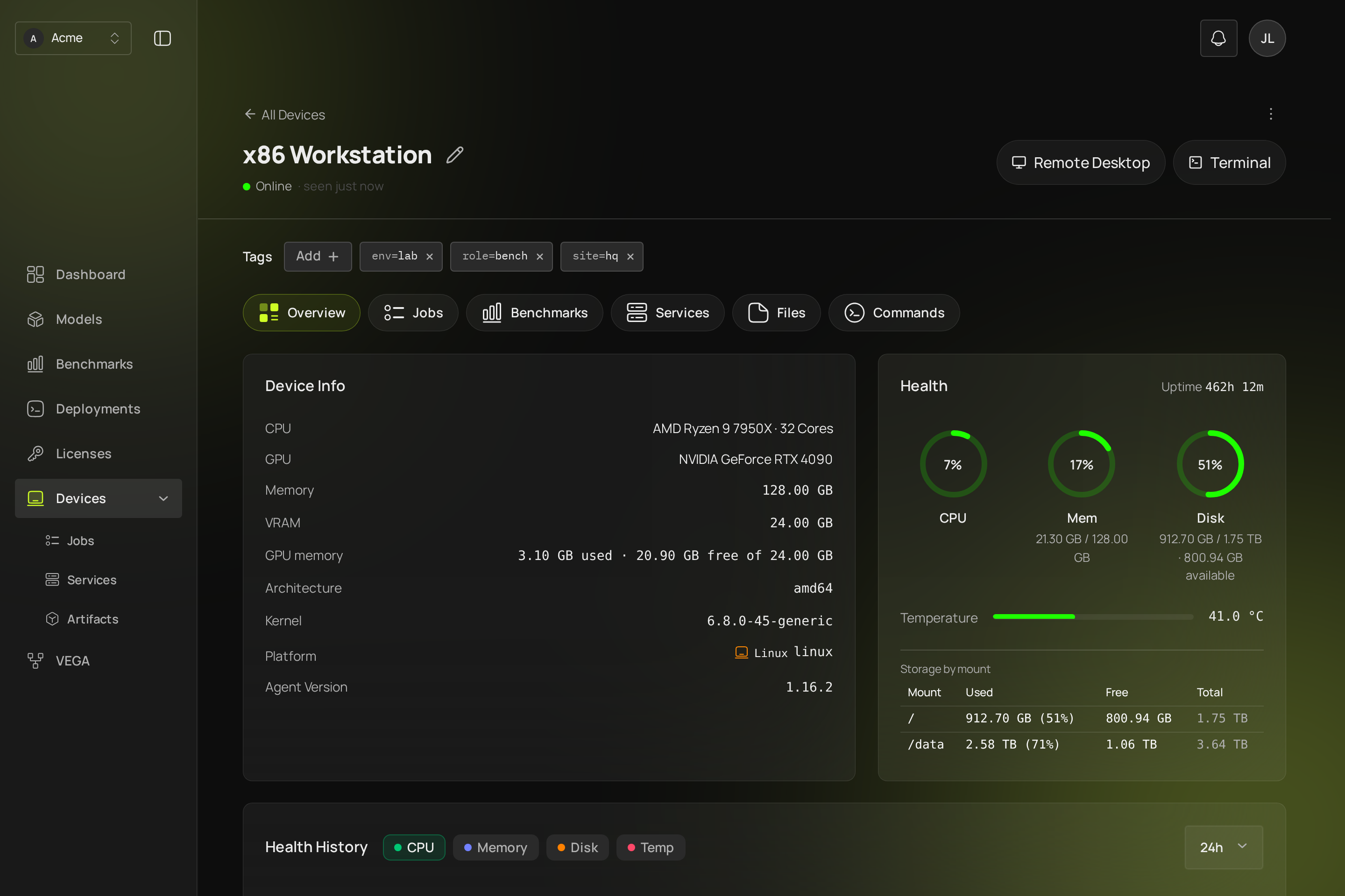 A device page showing status, tags, device info and live health