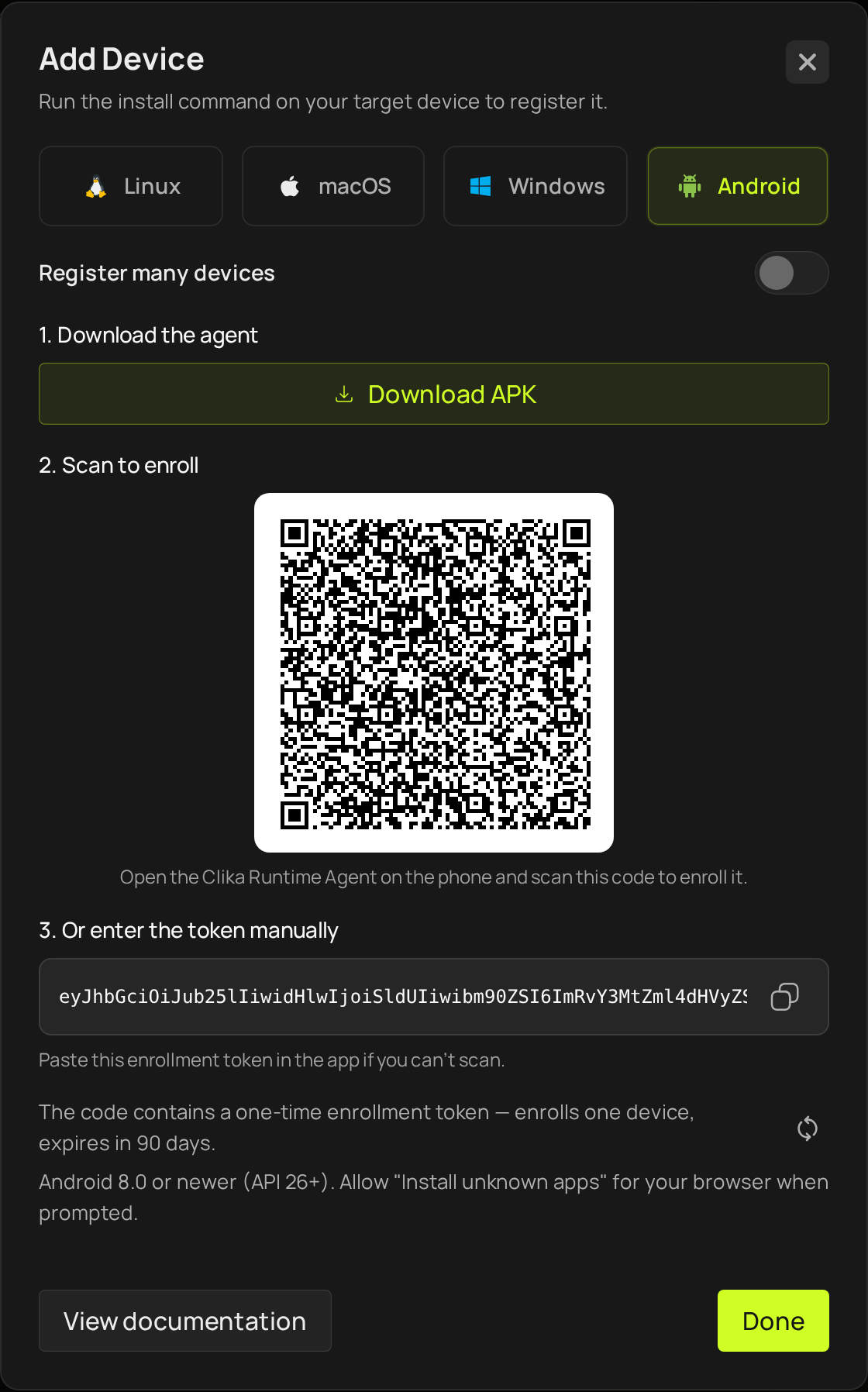 The Add Device dialog on the Android tab: download the APK, then scan the enrollment QR code or paste the token
