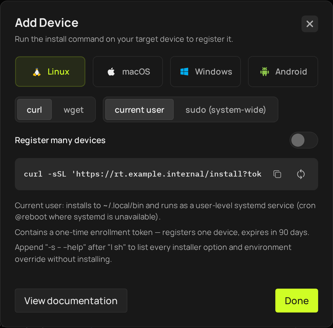 The Add Device dialog on the Linux tab, with the platform tabs, the downloader and install-scope choices, and the install command