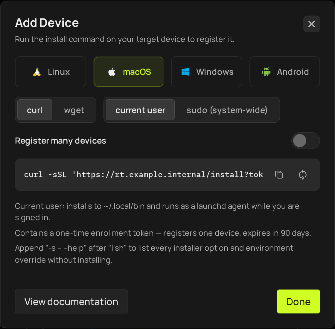The Add Device dialog on the macOS tab
