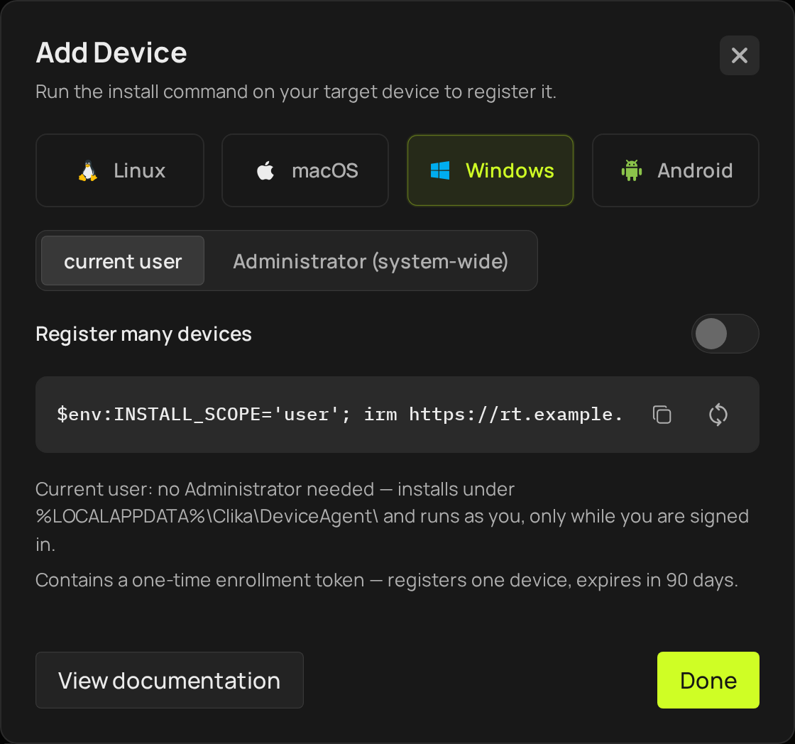 The Add Device dialog on the Windows tab, with the current-user and Administrator scopes
