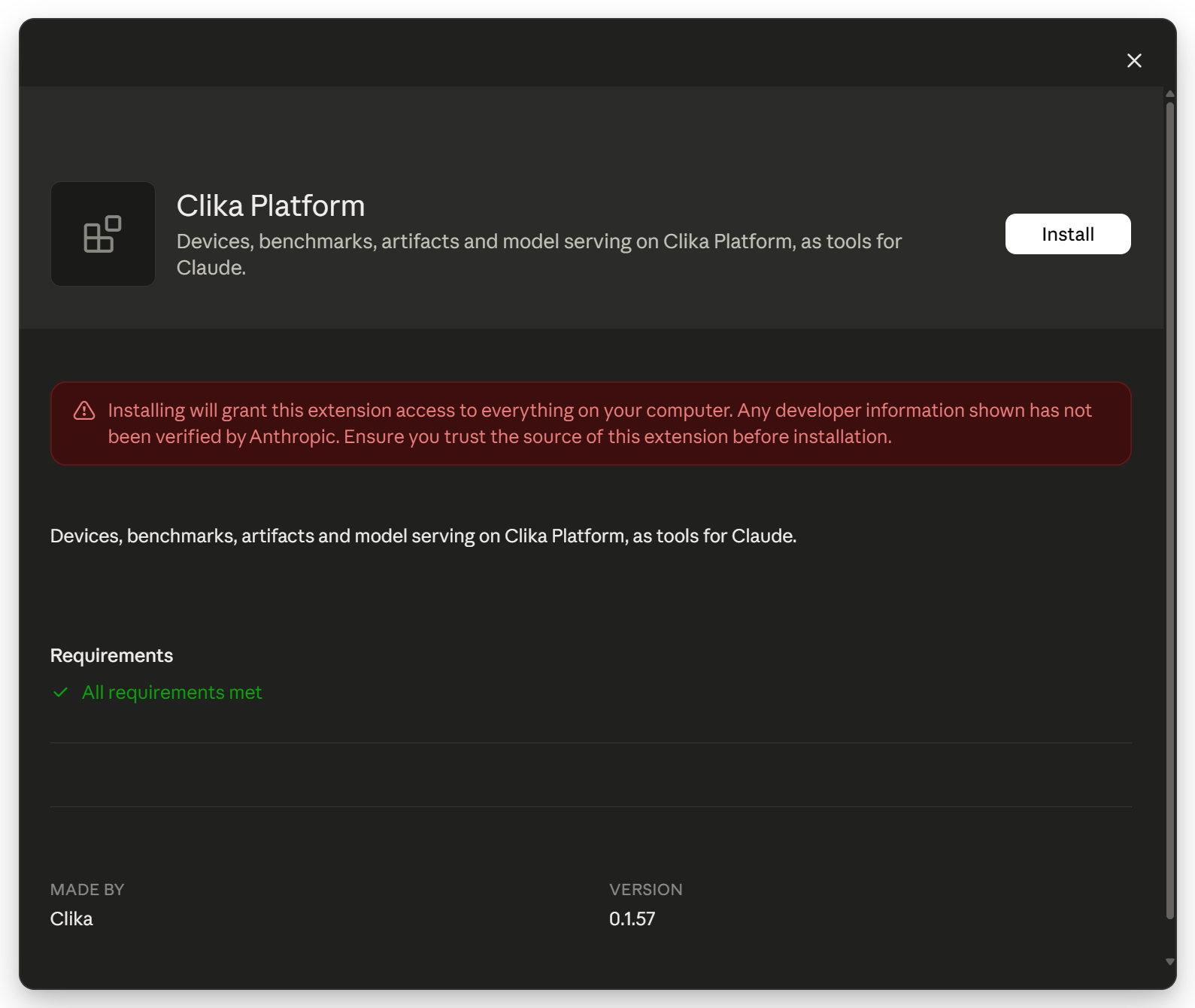 The Clika Platform extension page in Claude Desktop with the Install button