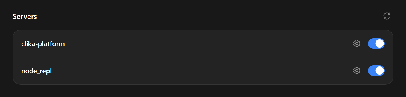 The Servers list with clika-platform and its toggle on