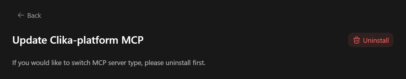 The clika-platform server's page in ChatGPT Settings: Back, Update Clika-platform MCP and the Uninstall button
