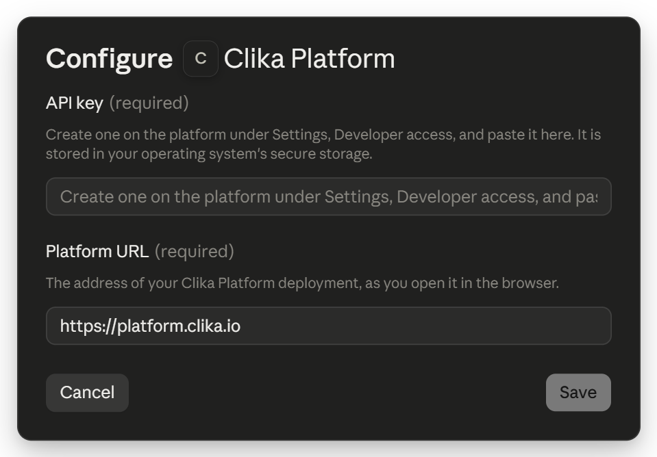 The Configure Clika Platform dialog: API key above Platform URL, with Cancel and Save