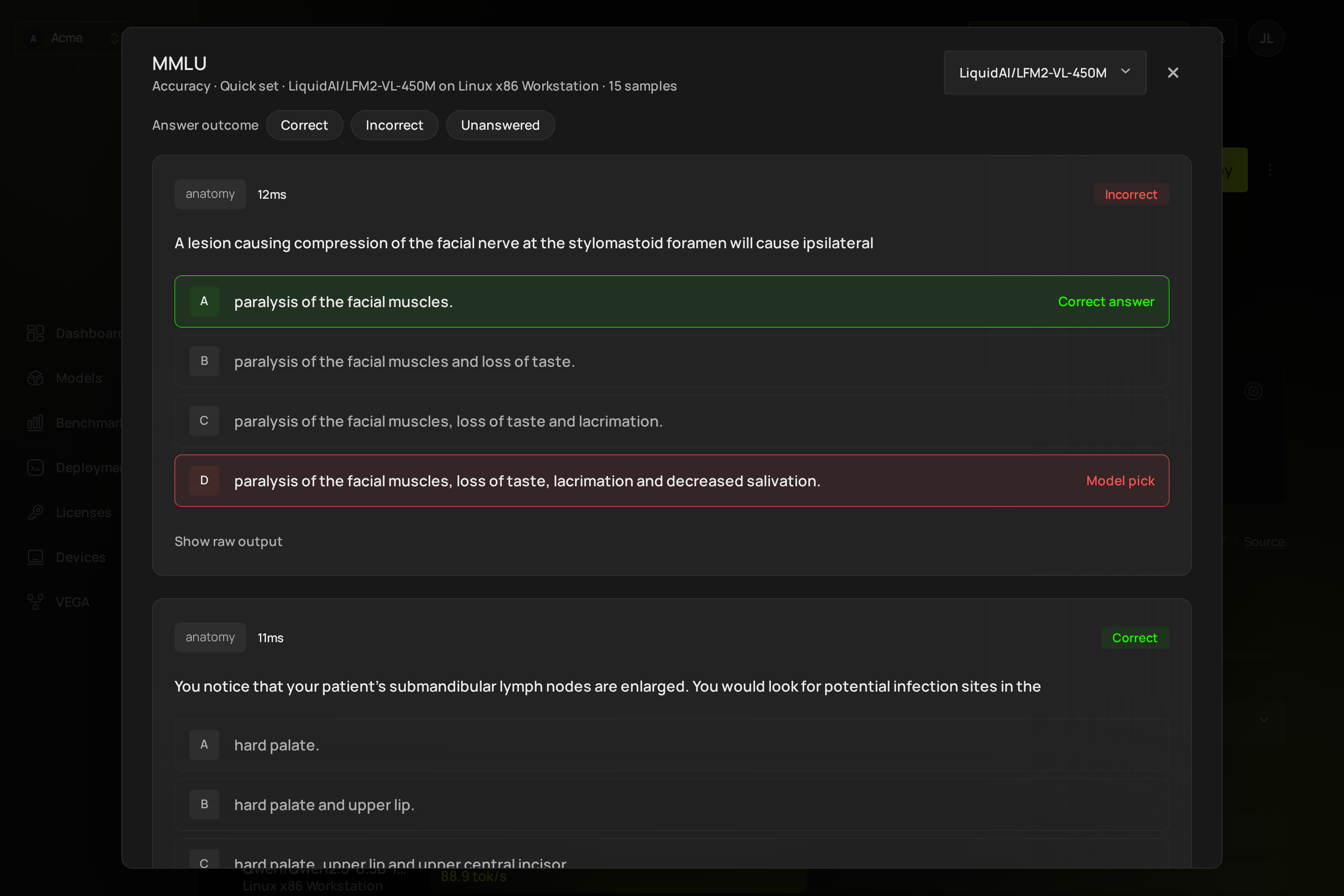 The per-sample output view, with answer-outcome filters and one question per card
