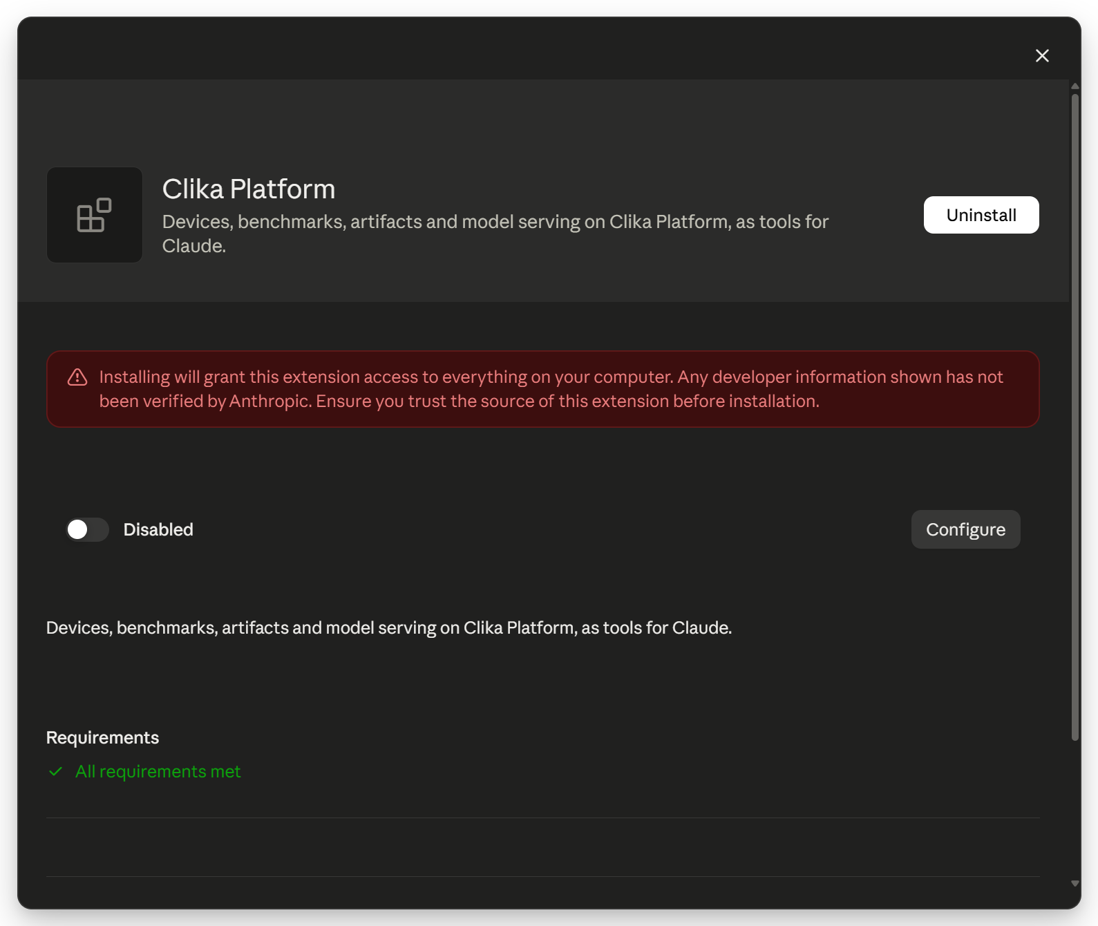 The installed Clika Platform extension with its toggle reading Disabled
