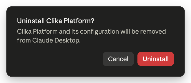 The Uninstall Clika Platform? confirmation in Claude Desktop