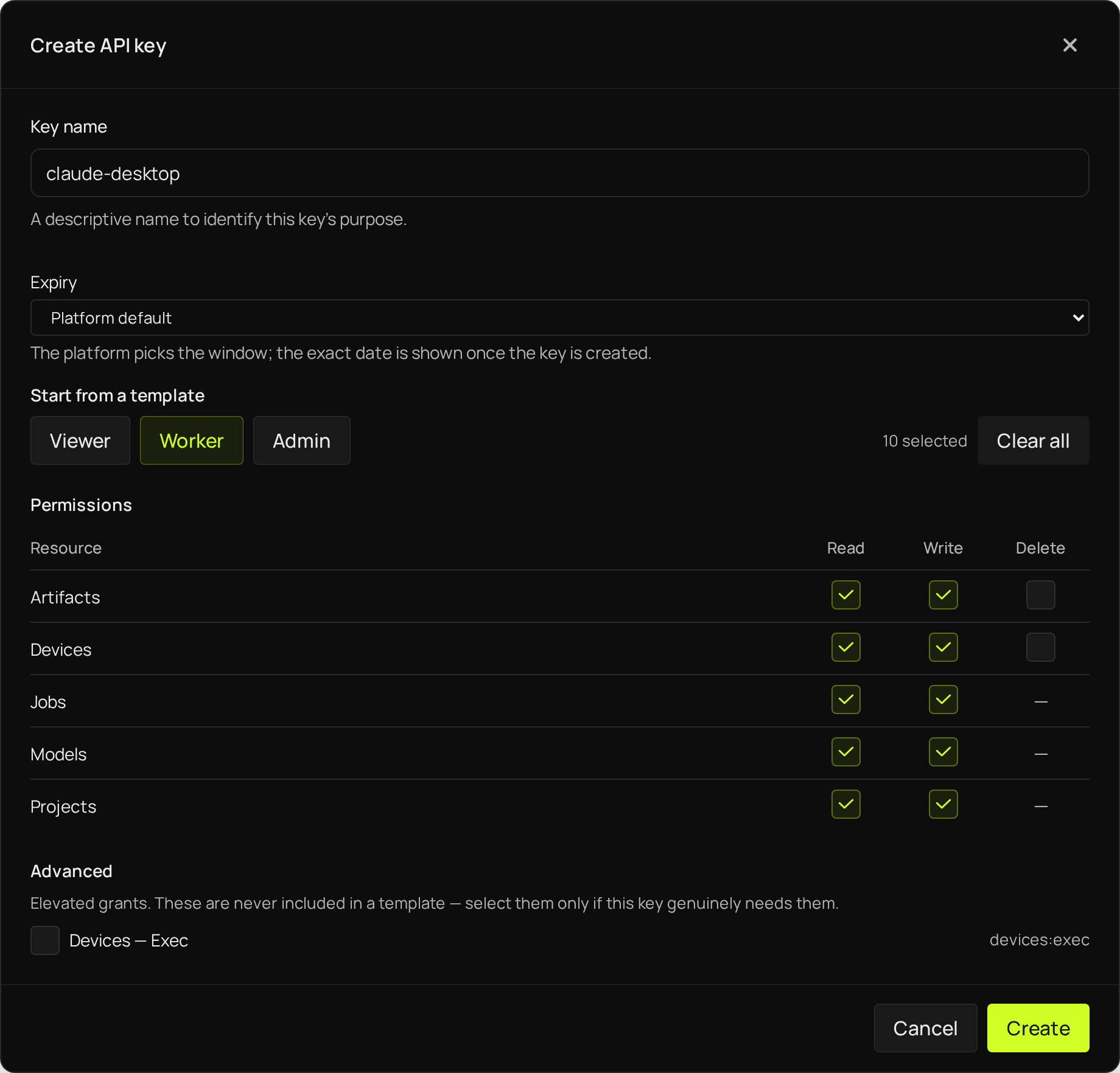 The Create API key dialog: Key name claude-desktop, Expiry Platform default, the Worker template selected and its permissions ticked, and Create